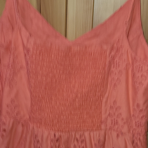 Coral Tea Length Spaghetti Strap Eyelet Dress - Picture 5 of 6